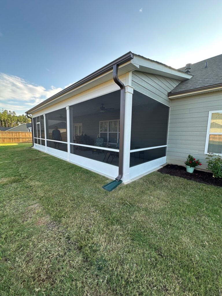 Patio Aluminum Screen Framing Kickplate Coil & Chairrail installed by Palmetto Outdoor Spaces